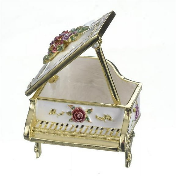 White Piano with Flowers Enamel Painted Jewelry Box with Austrian Crystals