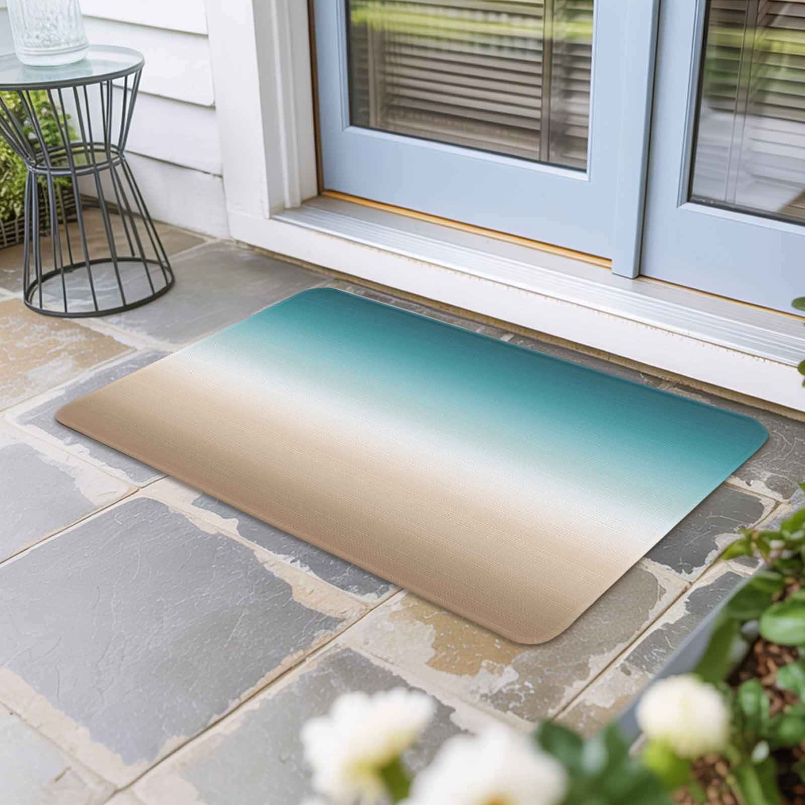 Teal Beige Ombre Cream Doormat Outdoor Entrance 24"x36", Modern Turquoise Abstract Art Aesthetics Absorb Moisture Dirt Door Mats, Non-Slip Rubber Backing Floor Mats Indoor, Low-Profile Front Rugs