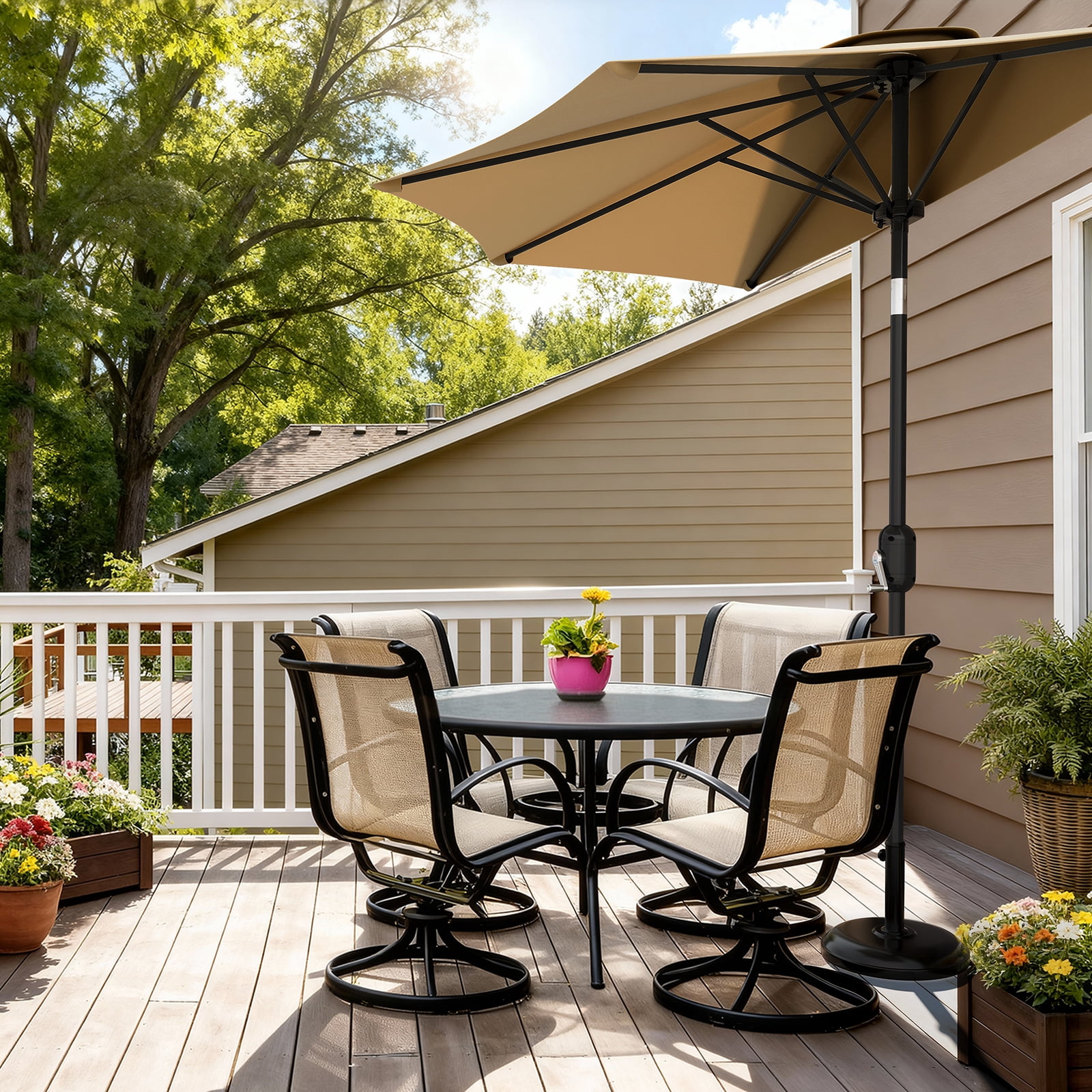 Towallmark 9FT Half Patio Umbrella with Smooth Crank Lift – Space-Saving Outdoor Shade Canopy for Garden, Deck, Balcony & Patio Table, khaki