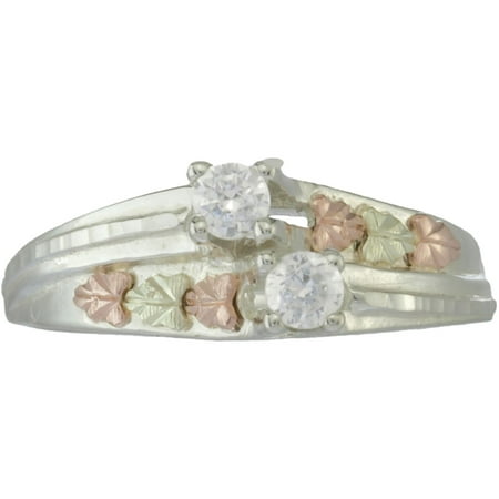 Black Hills Gold Double CZ Sterling Silver 12kt Rose and Green Gold Accented Ring