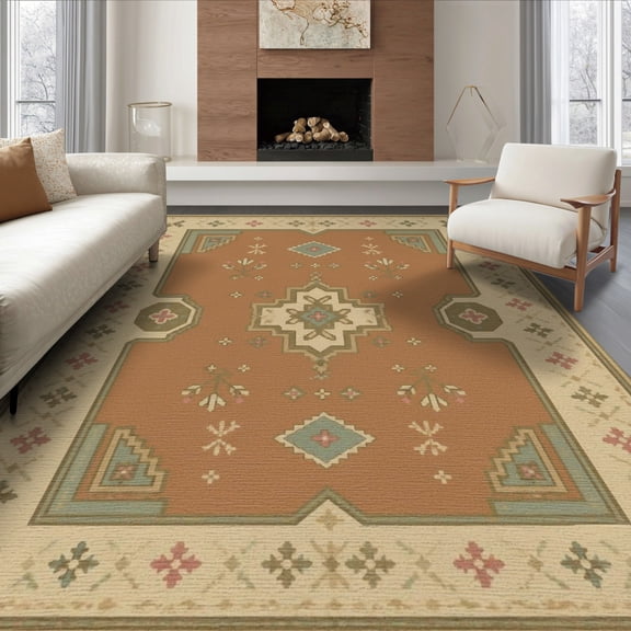 ODIKA 8'x10' Washable Area Rug Non-Slip Chair-Friendly Mat Beige Terracotta Geometric Floral Design Intricate with Classic Border Style for Dining Room, Large Office, Lounge