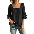 thumbnail image 5 of Tops for Women 3/4 Sleeve Square Neck Solid Color Casual Cotton Linen with Petal Sleeves Top, 5 of 8