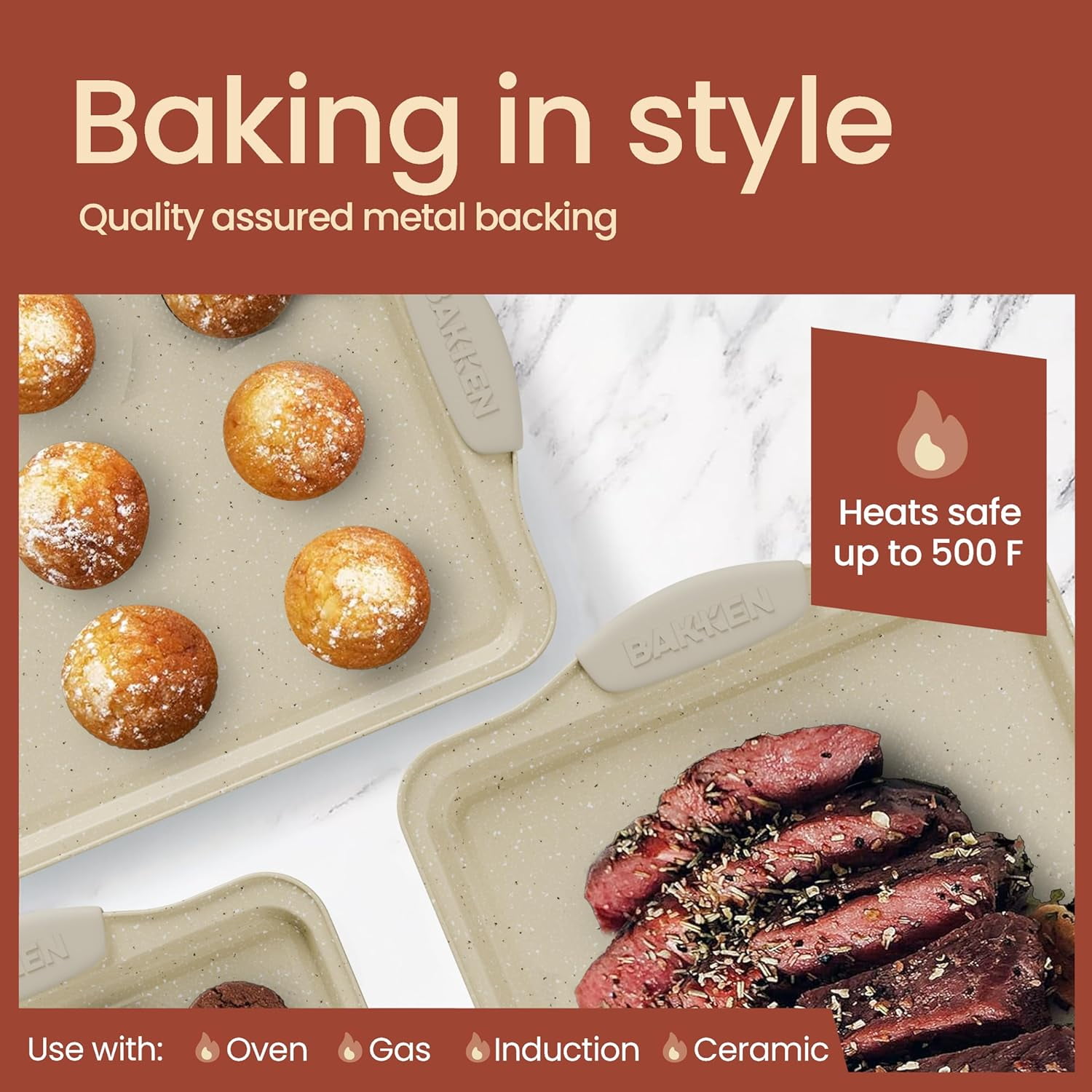 BAKKEN Kitchen Baking Pans – Medium (15.15" × 10.03") & Large (17.1" × 11.8") Nonstick Cookie Sheets, Carbon Steel with White Silicone Handles, Oven Safe Up to 450°F, 2-Piece Set