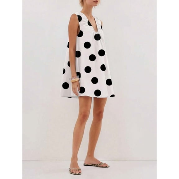 White Polka Dot Babydoll Mini Dress With Scoop Neck And Ruched Detail