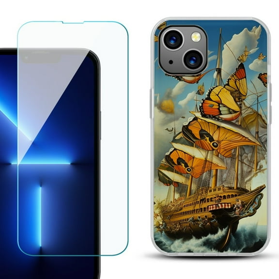 Slim-Fit TPU Phone Case for iPhone 14 Plus, with Tempered Glass Screen Protector, by OneToughShield ® - Butterfly Ship