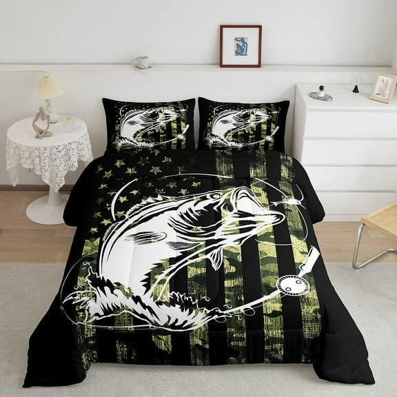 Bass Fishing Comforter Set Big Pike Fish Camo Bedding Set Teens Men Farmhouse Fishing Decor Duvet Insert Army Camouflage American Flag Quilt Fisherman Hunting and Fishing Bedspread Twin