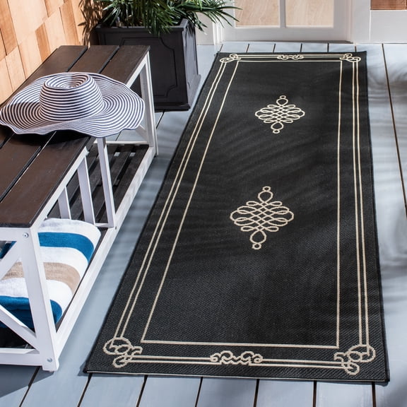 Safavieh Courtyard Andy Medallion Indoor/Outdoor Runner Rug, Black/Creme, 2'3" x 10'