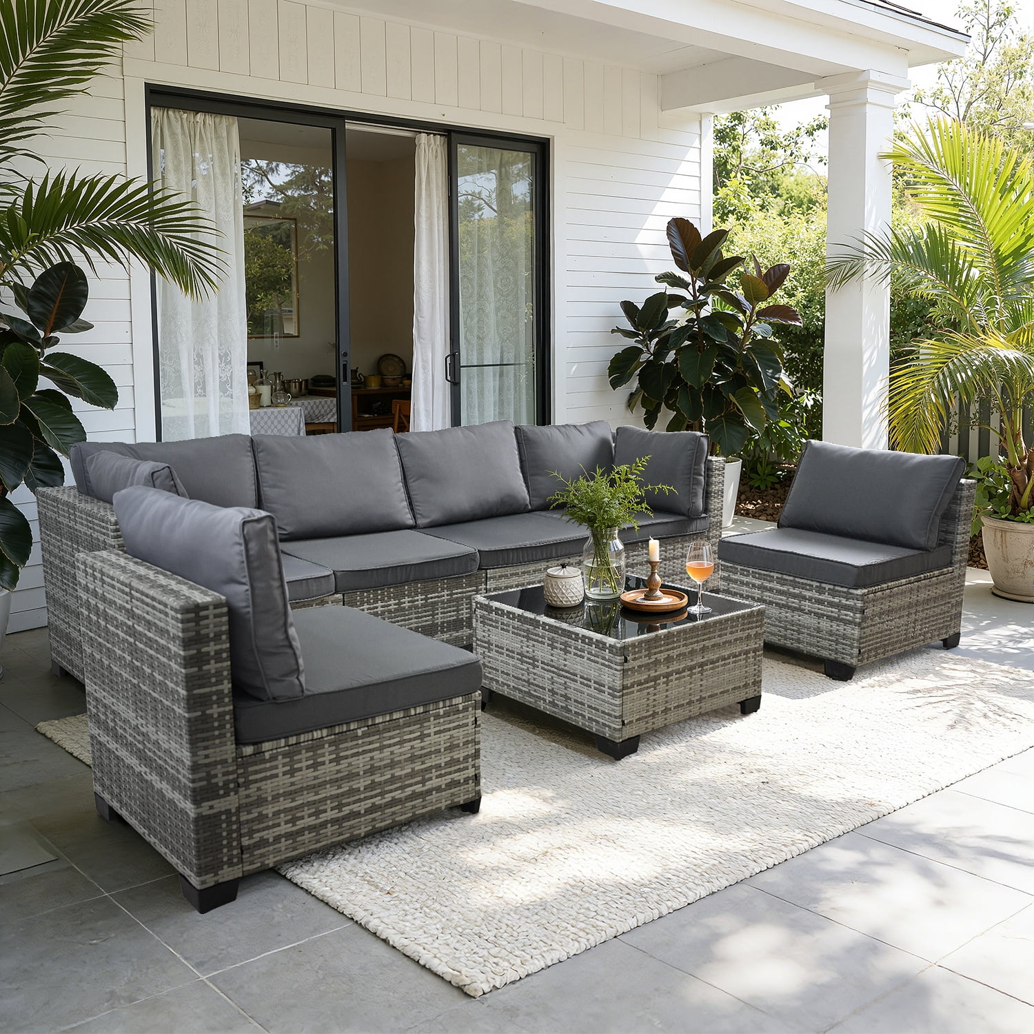 AstrPthylx 7-Piece Patio Sectional Set with Coffee Table, All-Weather Outdoor PE Rattan L-Shaped Sofa & Cushions for Garden, Backyard (Dark Gray)