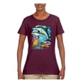 thumbnail image 2 of Pair of Dolphins Swimming in Ocean Animal Lover Womens Graphic T-Shirt, Maroon, Medium, 2 of 3
