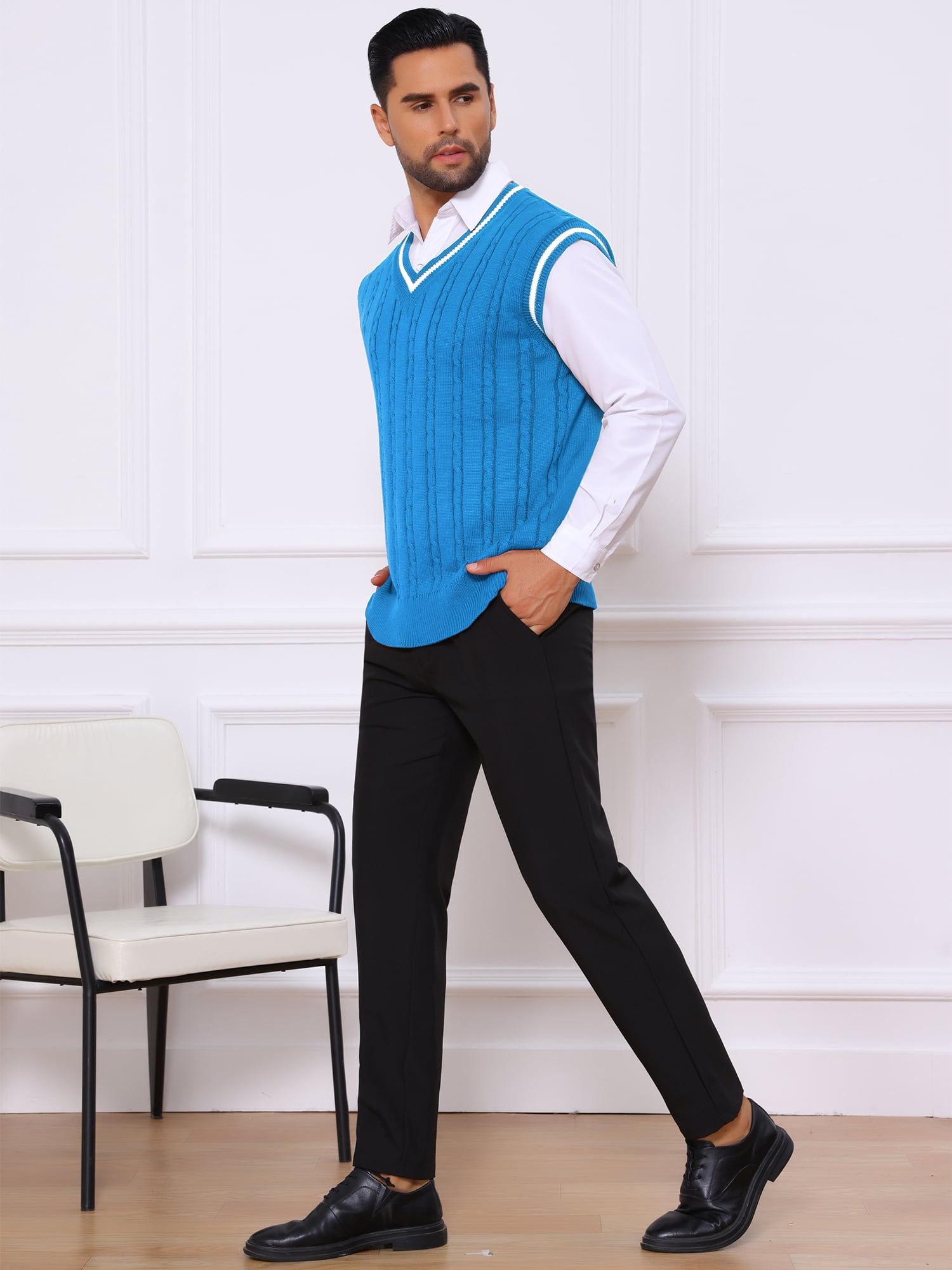 DARING DIVA Men's Solid Color V-Neck Sleeveless Cable Knitted Sweater Vest M Blue