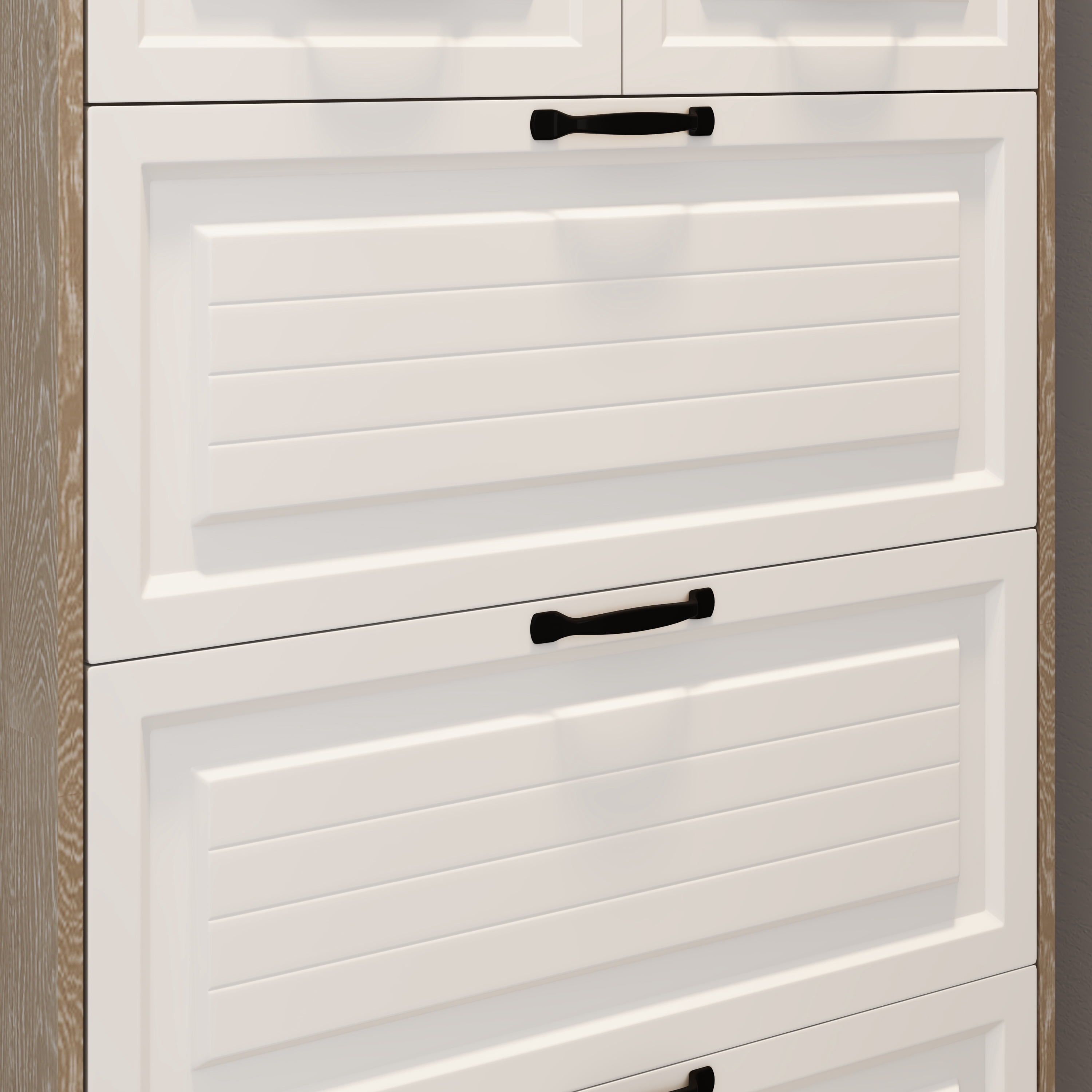 Miniyam 3-Tier Shoe Storage Cabinet, Flip Down Rack with 2 Drawers & Hooks for Entryway, Oak