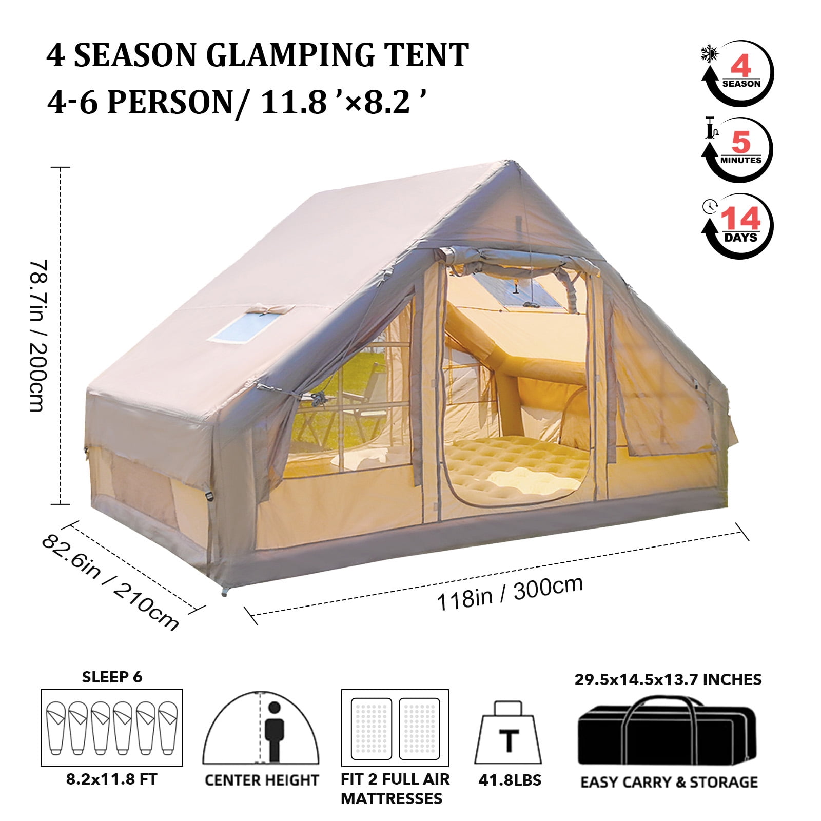 9.8' x 7' Inflatable Camping Tent,4 Season Blow up Tents for Camping, 4-6 Person Inflatable Tent with Stove Jack,Air Tents,Glamping Tent,Waterproof Luxury House with Mesh Window