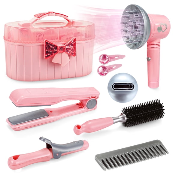 YCFUN Hair Salon Toys for Girls, Pretend Play Beauty Salon Playset with Real Air Hair Dryer & Portable Case, Gifts for Girls Ages 3 4 5 6
