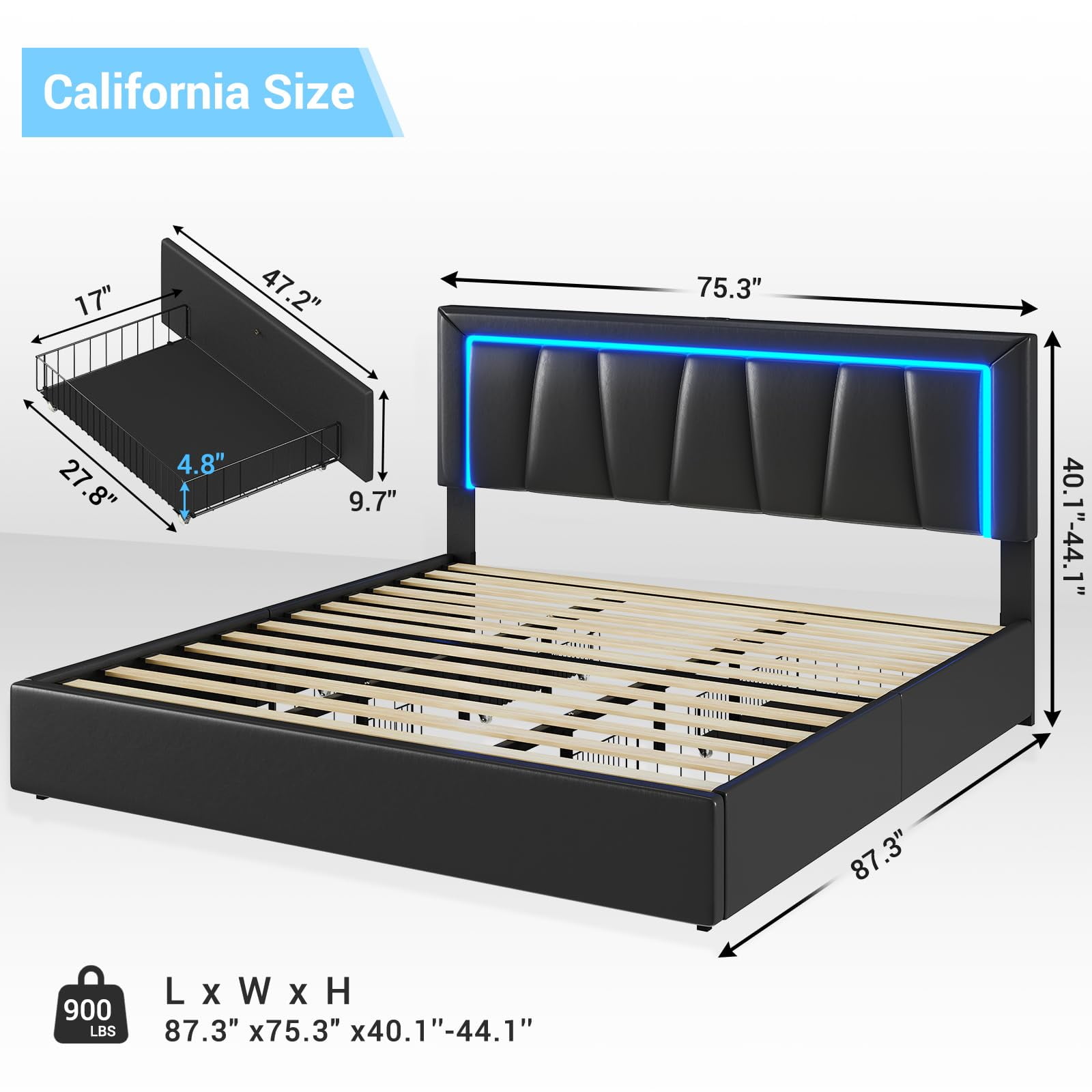 California King Bed Frame with 4 Storage Drawers & USB Ports & LED Headboard, Faux Leather Upholstered Platform Bed Frame with 3 Side Light Strip, No Spring Needed, Black