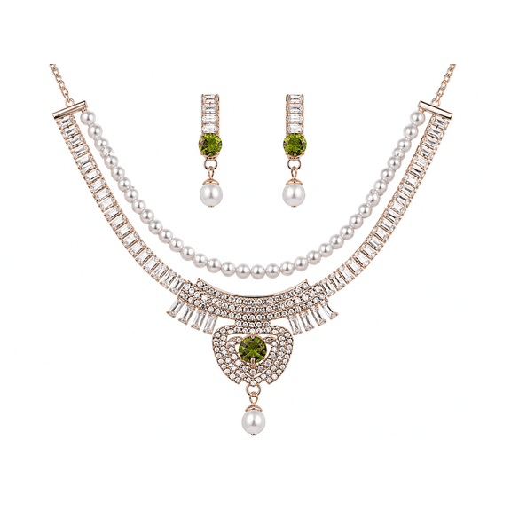 AlKhalil - Elegant Pearl & Gems Necklace and Earrings Set – Chain, Green Center S, Pearl Drops – Wedding, Party & Gift Jewelry for Women