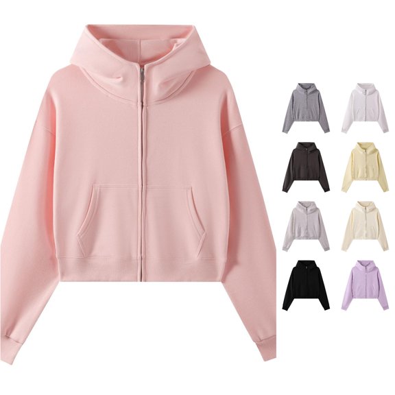 NinXxx Women's Cropped Zip Up Hoodie High Neck Streetwear Outerwear Pink S