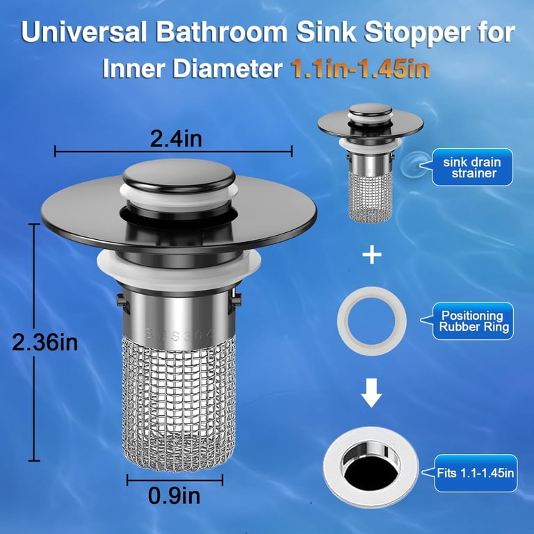 3-in-1 Pop-Up Sink Drain Strainer With Hair Catcher – Chrome Plated Brass Core, Universal Fit 1.34-1.57", 5-Pack
