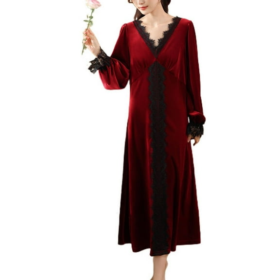 Defitshape Women's Long Sleeve Nightgown Soft Velour Winter Comfy Lace Velvet Sleep Dress V Neck Mid-Length Burgundy Medium