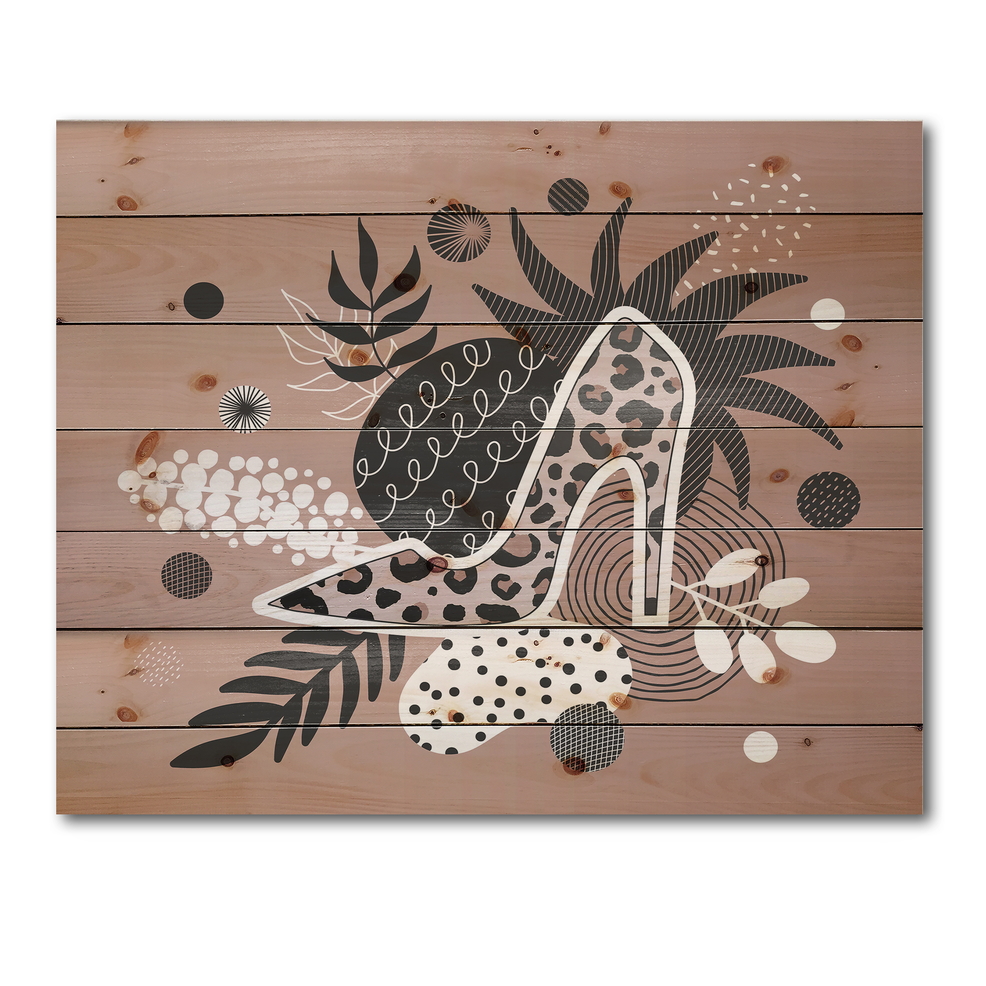 Designart 'Leopard High-Heeled Shoes On Tropical Leaves' Modern Print on Natural Pine Wood