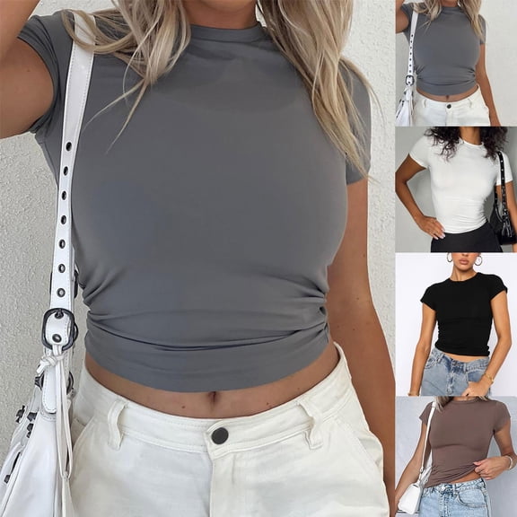 HAPIMO Women's Trendy Slim Basic Cropped Tops Solid Color Short Sleeve Crew Neck Pullover Elegant Casual Relaxed Blouses for Teen Girls Summer Tees White S
