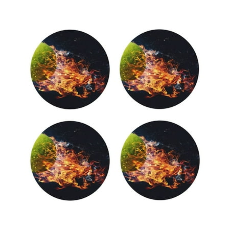 

Tebeau Tennis Ball In Fire1 Print Set of 4 Leather Drink Coasters Round Cup Mat Pad for Home and Kitchen Use 4 -Round Shape