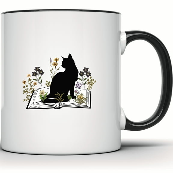 Black Cat Mug, Botanical Book Mug, Cat Lover Gift, Witchy Coffee Mug, Bookish Floral Mug, Unique Cat Silhouette Cup - 11 Ounce Black Rim Handle Novelty Coffee Cup - WMUG1709-BLK