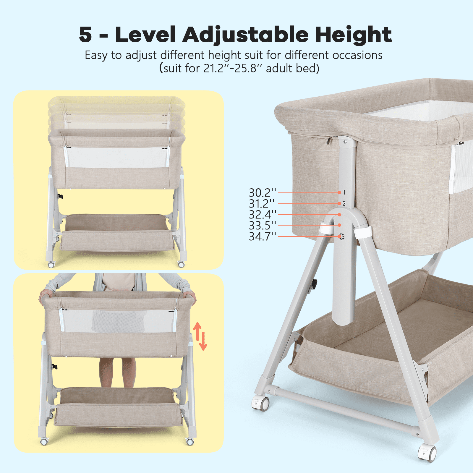 Cowiewie Baby Bassinet, Portable Bedside Bassinet with Wheels, Storage & Travel Bag, for 0-6 Months, Brown