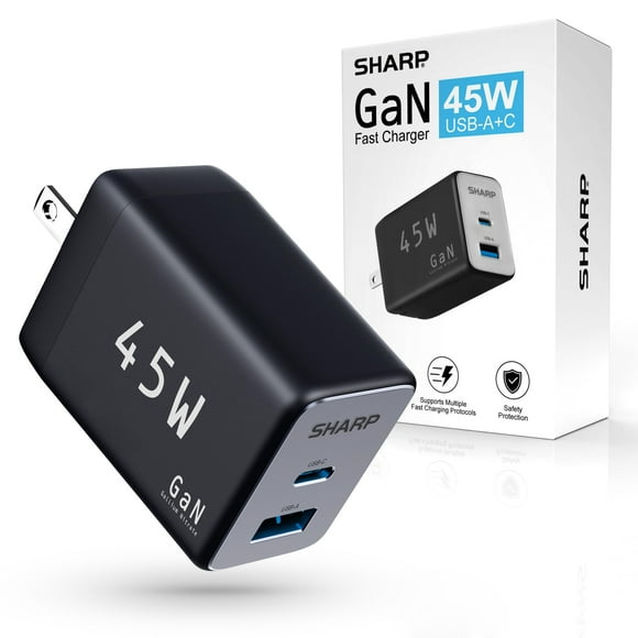 Cargador Sharp USB C de 45 W, 2 puertos (USB A+C), carga rápida, negro