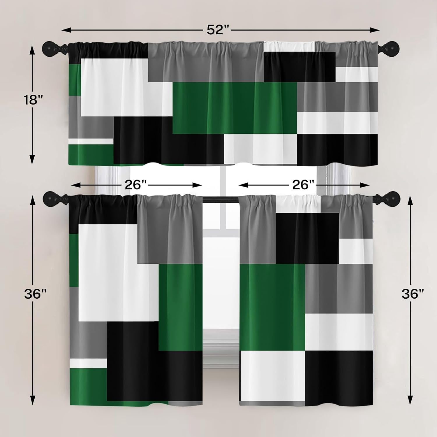 Green Geometric Kitchen Curtains Checkered Window Curtains Valance and Tier Set 36 Inch, Black Grey White Short Tier Curtain for Kitchen, Modern Abstract Small Kitchen Decor