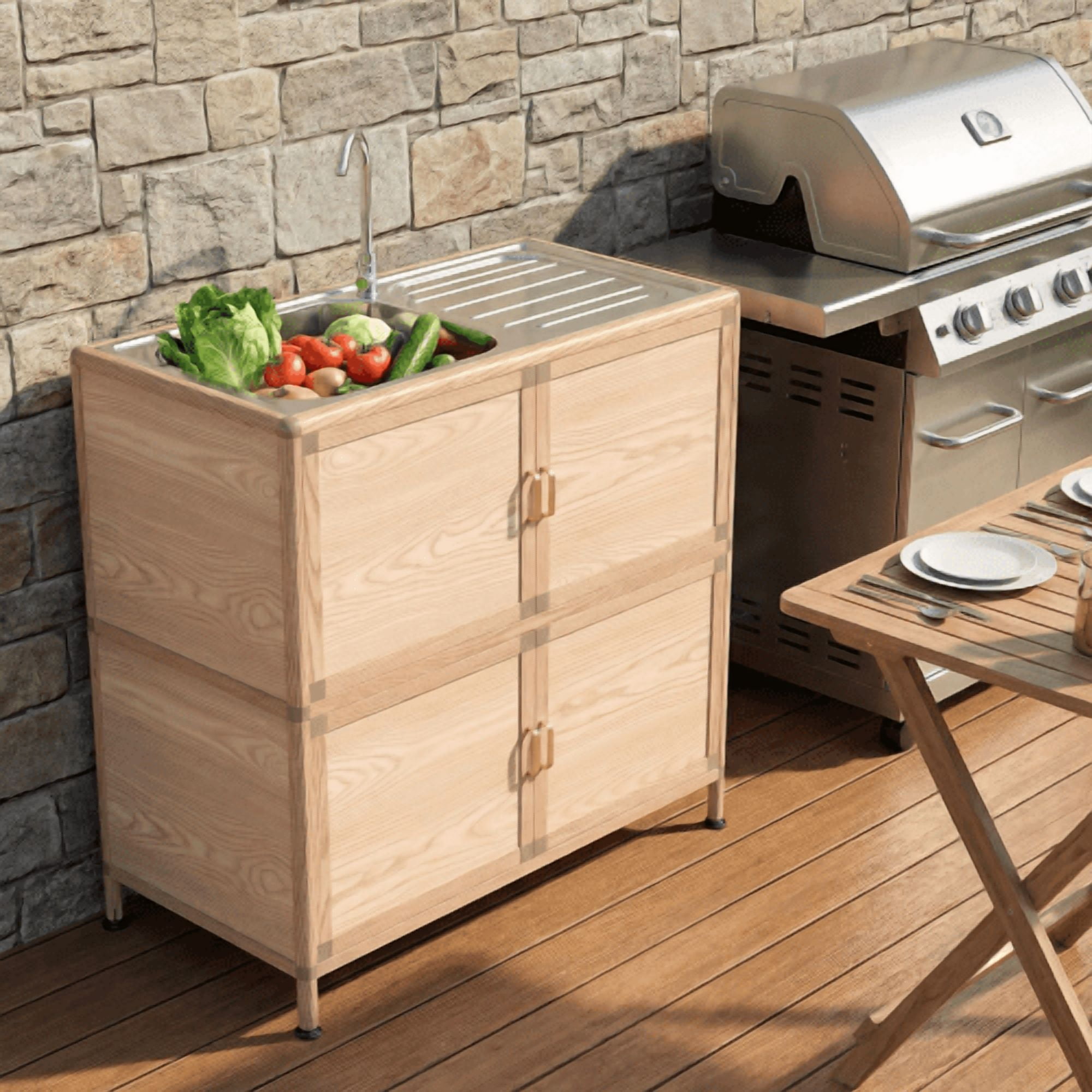 Utility Sink with Cabinet, Freestanding Laundry Room Sink with Faucet and Storage, Stainless Steel Utility Tub for Garage, Workshop, Outdoor Kitchen, 32.68" Natural Wood