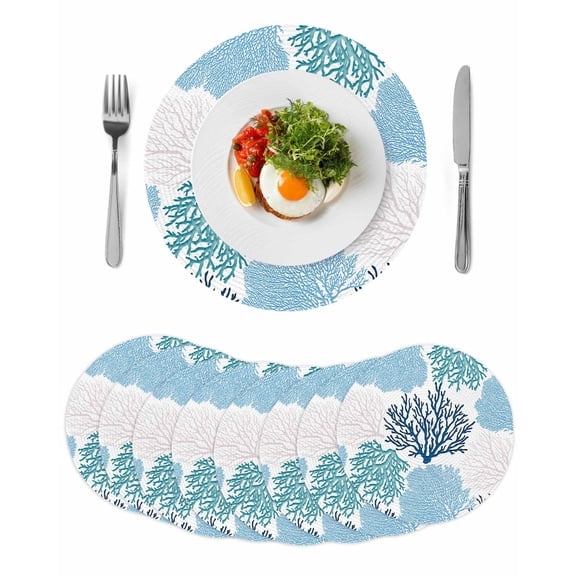 Navy Blue Coastal Round 13 Inch Placemats Set of 8, Turquoise Coral Ocean Modern Sea HeatResistant Non Slip Place Mats for Dining Table, Wipeable Braided Kitchen Table Mats for Housewarming