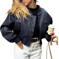 thumbnail image 6 of Womens Faux Leather Bomber Jackets Baseball Collar Zip Up Cropped Biker Coat with Pockets, 6 of 7