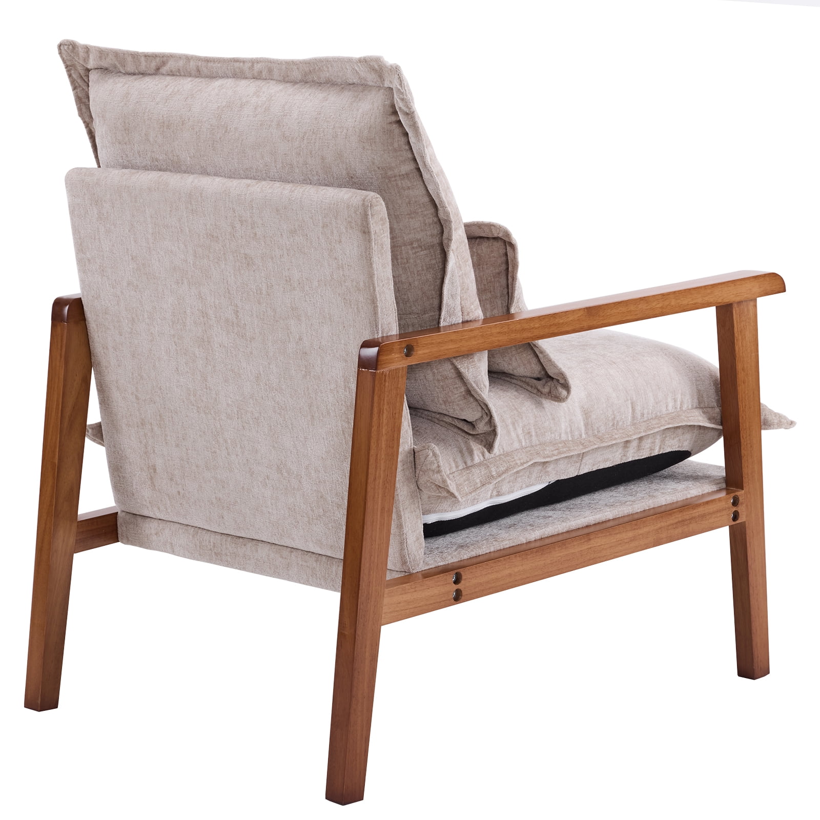 Cloud Shaped Indoor Leisure Chair with Solid Wood Armrest, Chenille Fabric Accent Chair with Lumbar Pillow, Khaki
