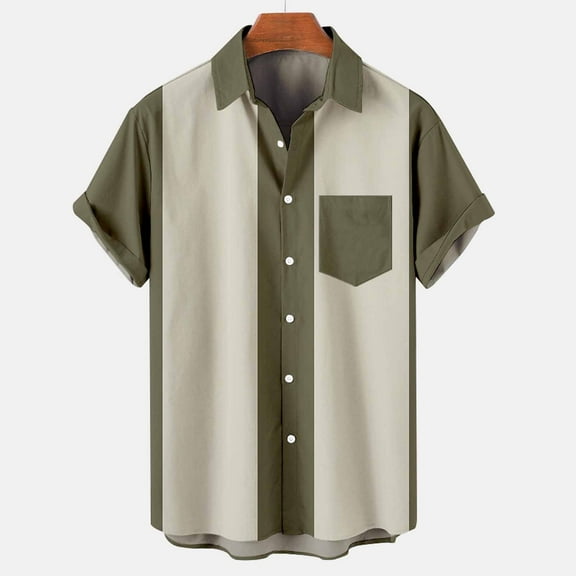 SwiftWear Men Short Sleeve Polyester Turndown collar Stripe Summer Blouse Khaki XXXL