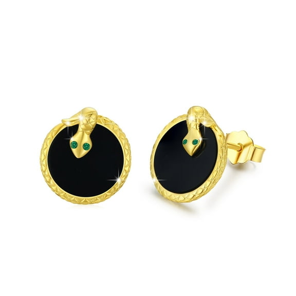 Cuoka Snake Stud Earrings 925 Sterling Silver Black Onyx Earrings for Women Mom Wife 18K Gold Plated Hypoallergenic Fashion Jewelry Birthday Xmas Gift for Sensitive Ears