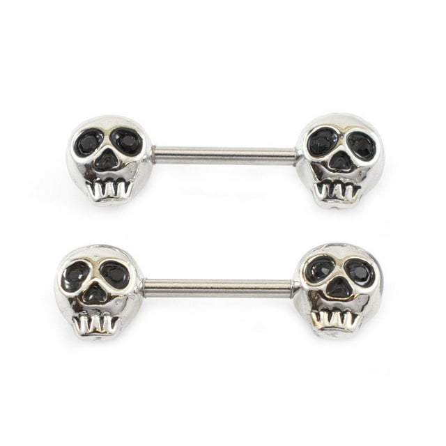 Nipple Barbell Jewelry with Skull Design and Cz Gems 14G Surgical Steel