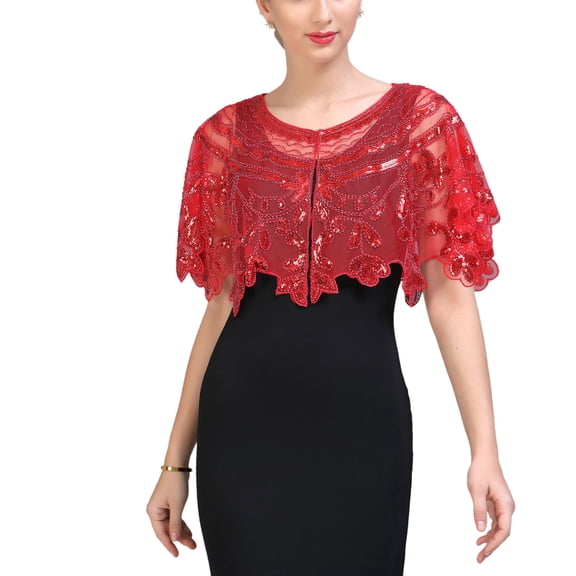 Women's Mesh See Through Flapper 1920s Beaded Cape Sequined Evening Top Capelet