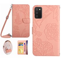 for Samsung Galaxy A03S Phone Case Wallet,Crossbody Strap Women Flip Folio Cover with Card Holders Butterfly Embossed Premium PU Leather Kickstand Wrist Strap Magnetic Closure Case,Pink