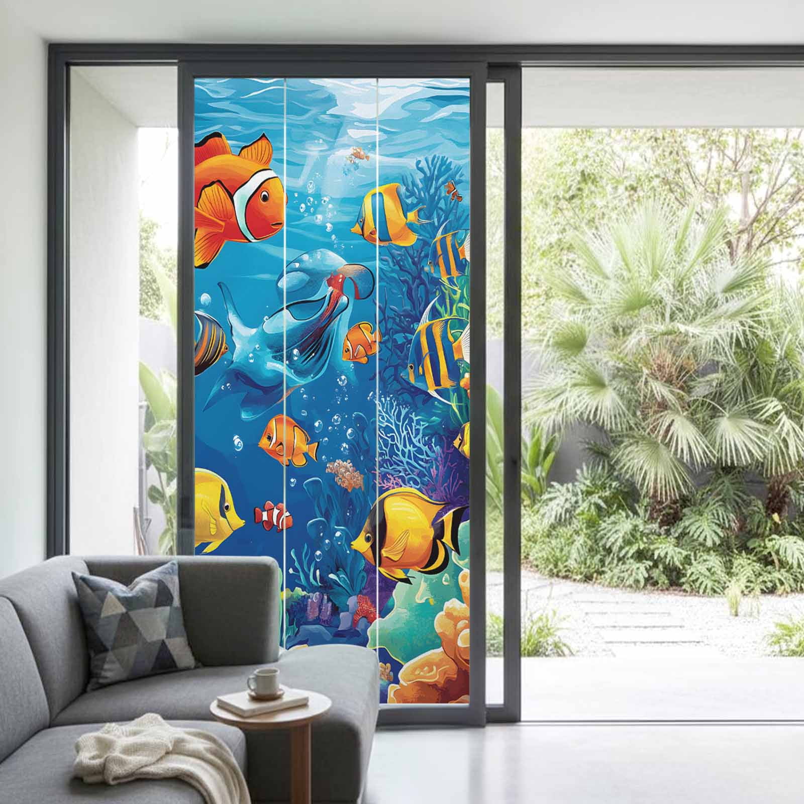 Ocean Marine Window Privacy Film Life Fish Coral Seagrass Underwater Coastal Decorative Glass Window Film UV Blocking Static Cling Non-Adhesive Sticker Covering for Home Door 35.4x78.7 inches