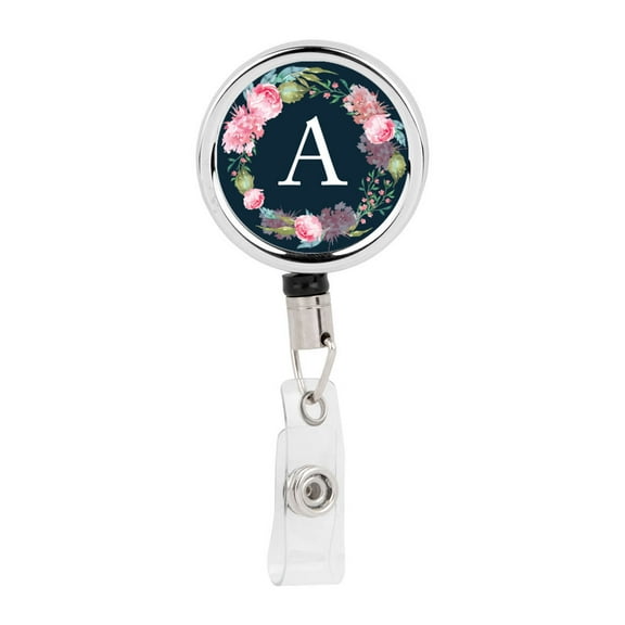 Koyal Wholesale Retractable Badge Reel Holder With Clip, Blush Pink Peonies Flowers Monogram A