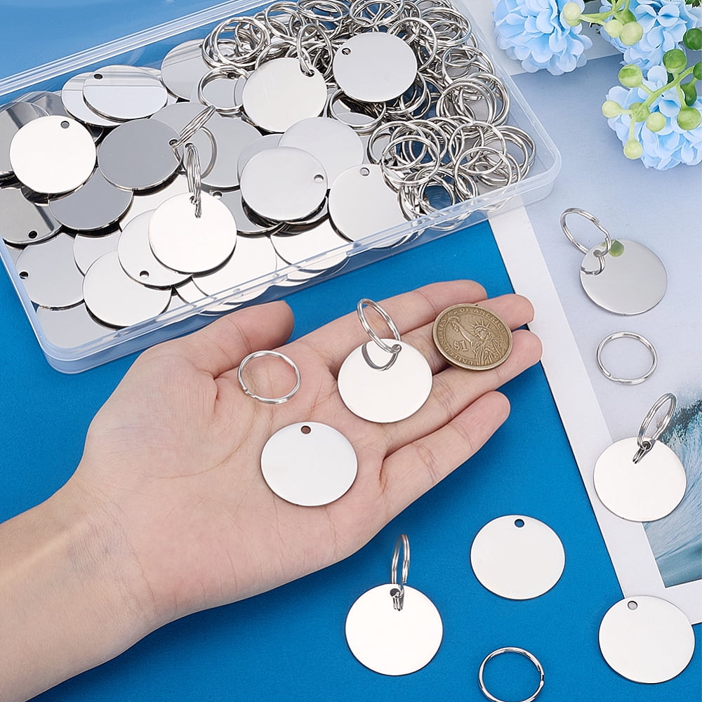 DIY Keychain Making Kits including Stainless Steel Pendants and Iron Split Key Rings Flat Round Platinum & Stainless Steel Color 30x1mm Hole: 3mm