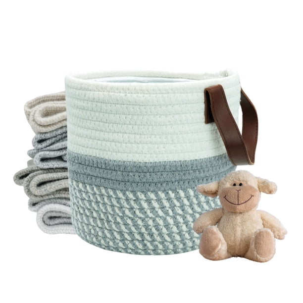 Planterist Cesta Organizadora Chica Tejida – Algodón Lavable, Plegable y Portable – Multiusos 19.5x17.5 cm con Agarradera de Piel para Almacenaje, Decoración y Ropa Sucia (Cocula)