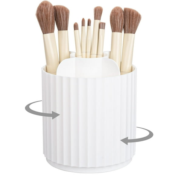 Makeup Brush Holder Organizer 360°Rotating Make Up Brushes Container for Vanity, Spinning Cosmetics Storage Cup Pen Holder, White