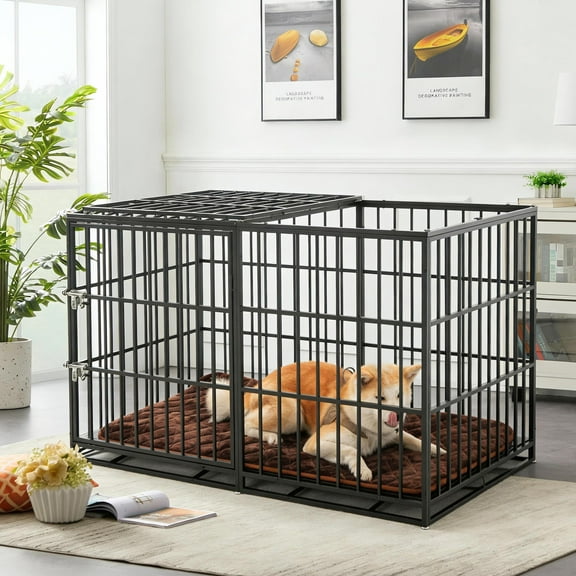 Aukfa 61" Extra Long Indestructible Dog Crate with Comfy Dog Pad for Large Dogs, Heavy Duty Steel Escape Proof Kennel, 2 Door&Removable Tray