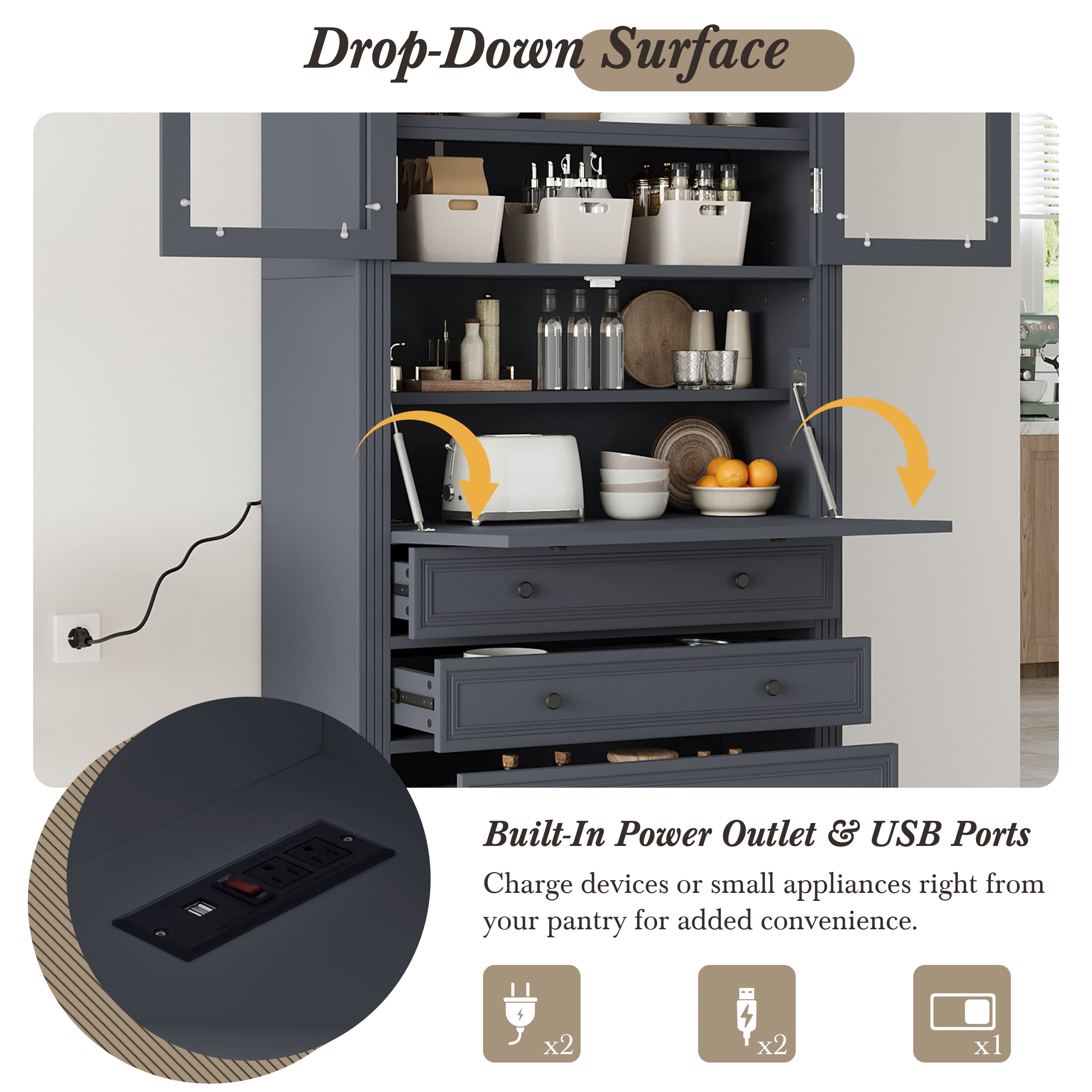 Harper & Bright Designs Tall Kitchen Pantry Cabinet with Power Outlets, Freestanding Cupboard with 3 Drawers and Adjustable Shelves for Dining Room, Grey