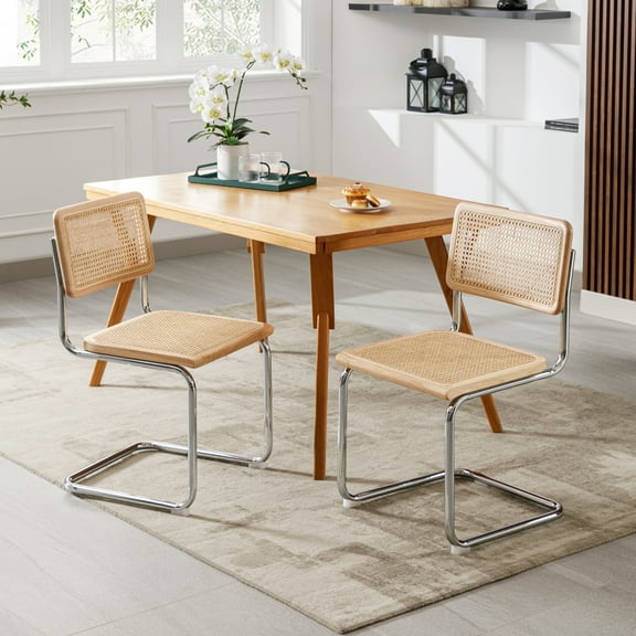 ONEVOG Rattan Dining Chairs Set of 2, Natural Cane Mesh Dining Chairs with Chrome Legs, Mid Century Modern Kitchen Side Chairs for Dining Living Room, Natural