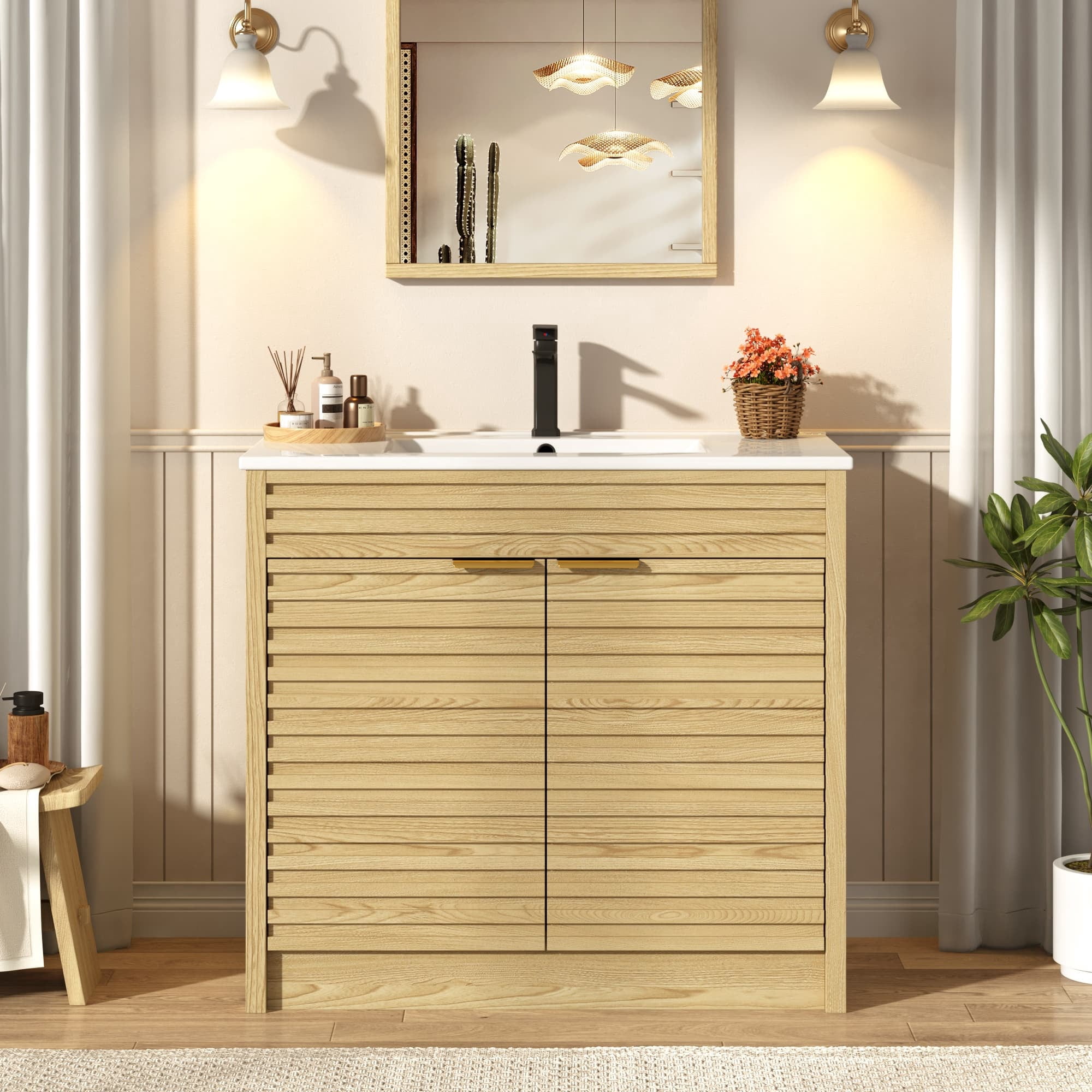 36" Modern Bathroom Vanity with Sink and Faucet Combo, Double Fluted Door Vanity Set, Ceramic Integrated Basin, 6-Tier Smart Storage Organization