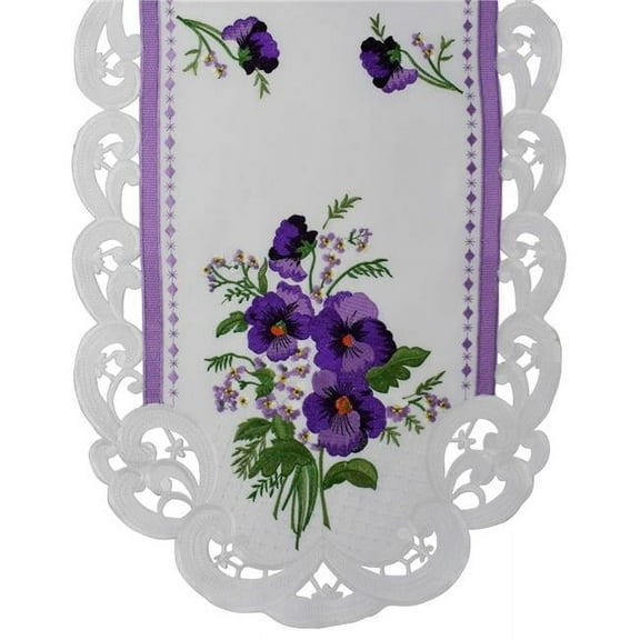 Sinobrite H0010-16x36 16 x 36 in. Purple Pansy on Cream Fabric Table Runner