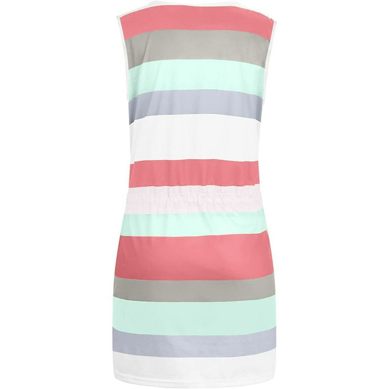 Lovskoo Womens Causal Summer Dress Striped Sleeveless Waist Tie Front  A-Line Mini Short Sun Dresses with Pockets Green - Walmart.com