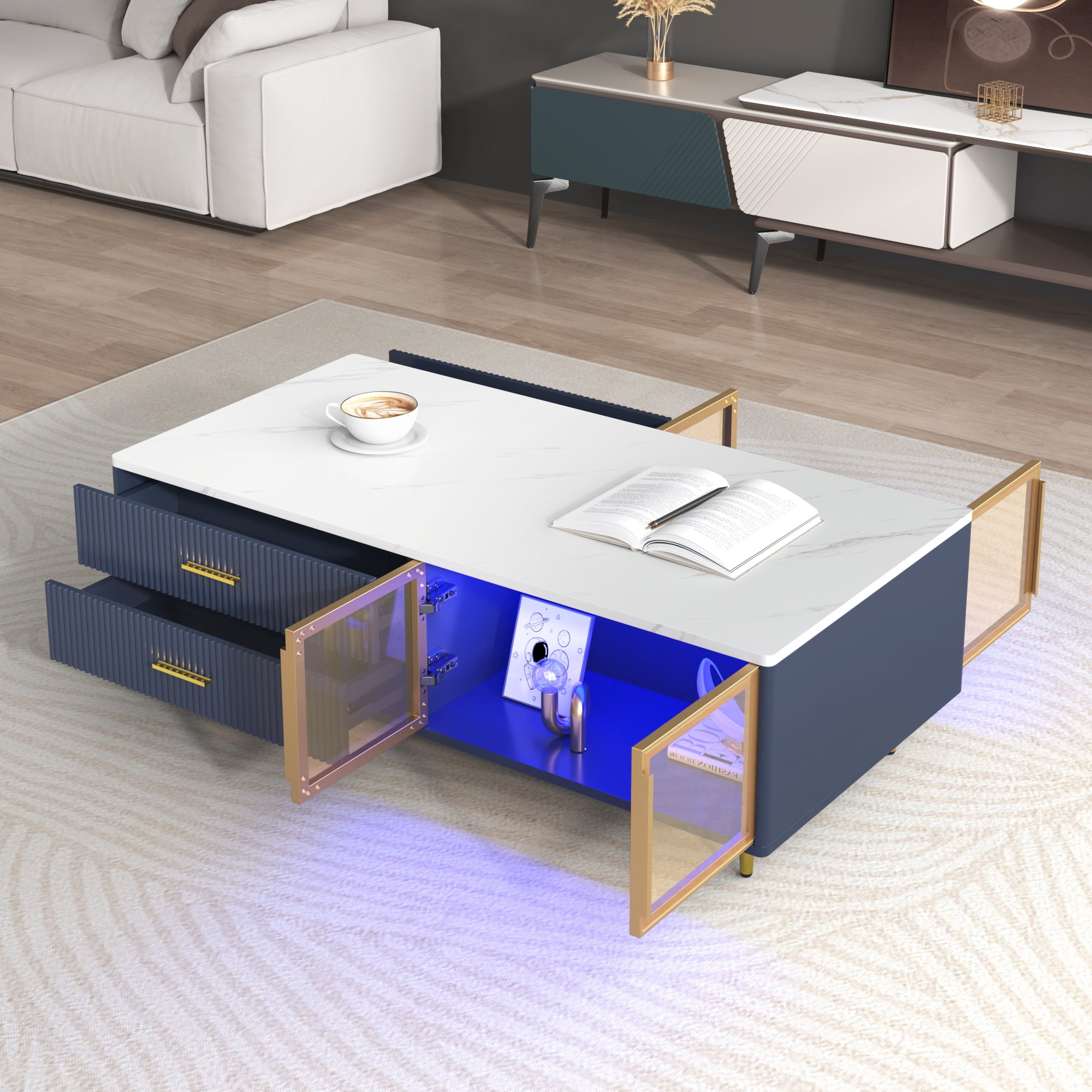 TesNus 47.2" Navy Blue Coffee Table with 2 Glass Doors, 4 Drawers and Multi-Color Lighting for Living Room